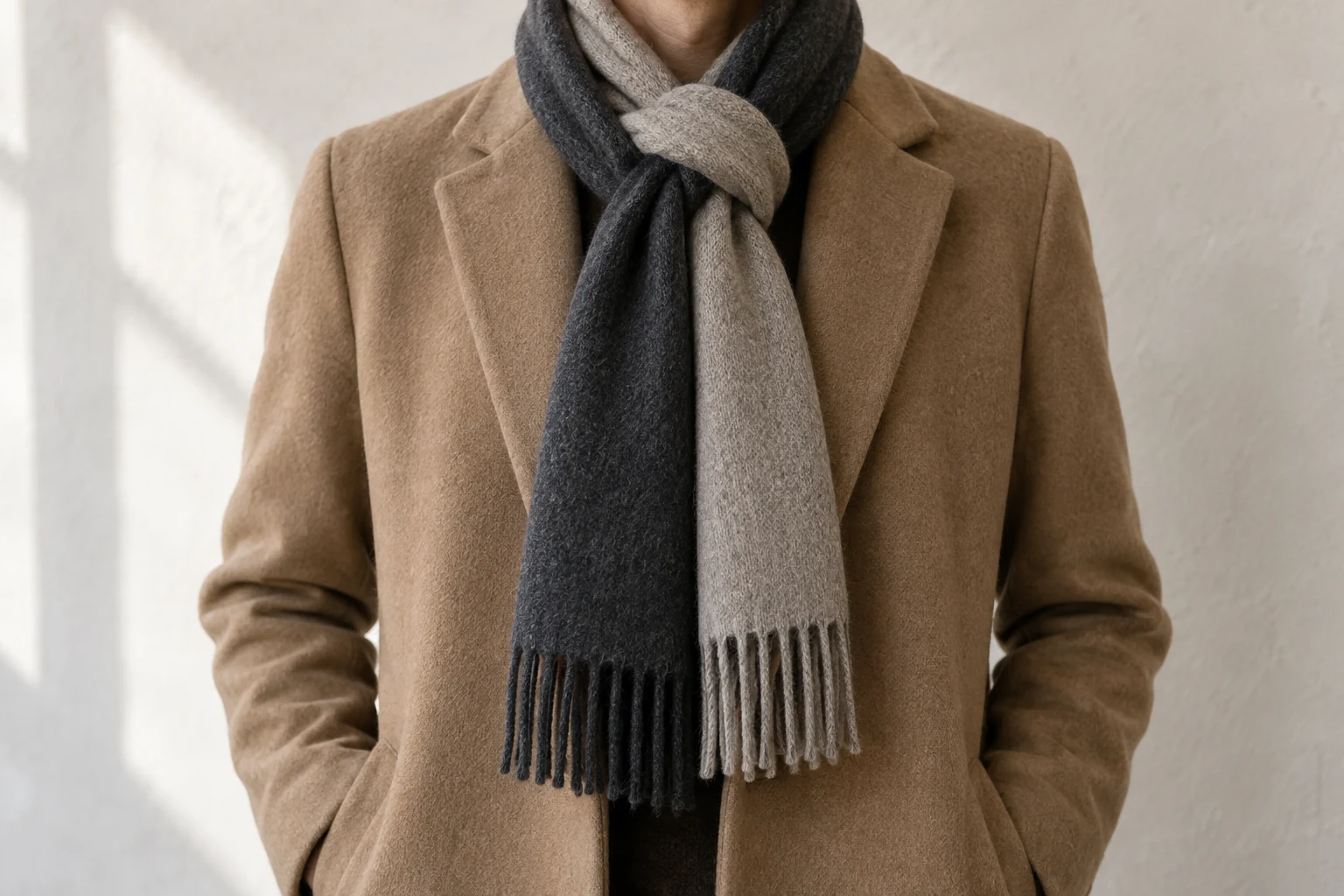 A charcoal and oat wool scarf forms a Parisian knot over a camel coat with two fringed tails