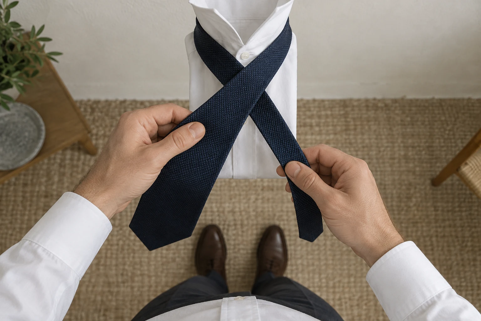 From the wearers view two hands cross a navy textured tie beneath a raised white shirt collar