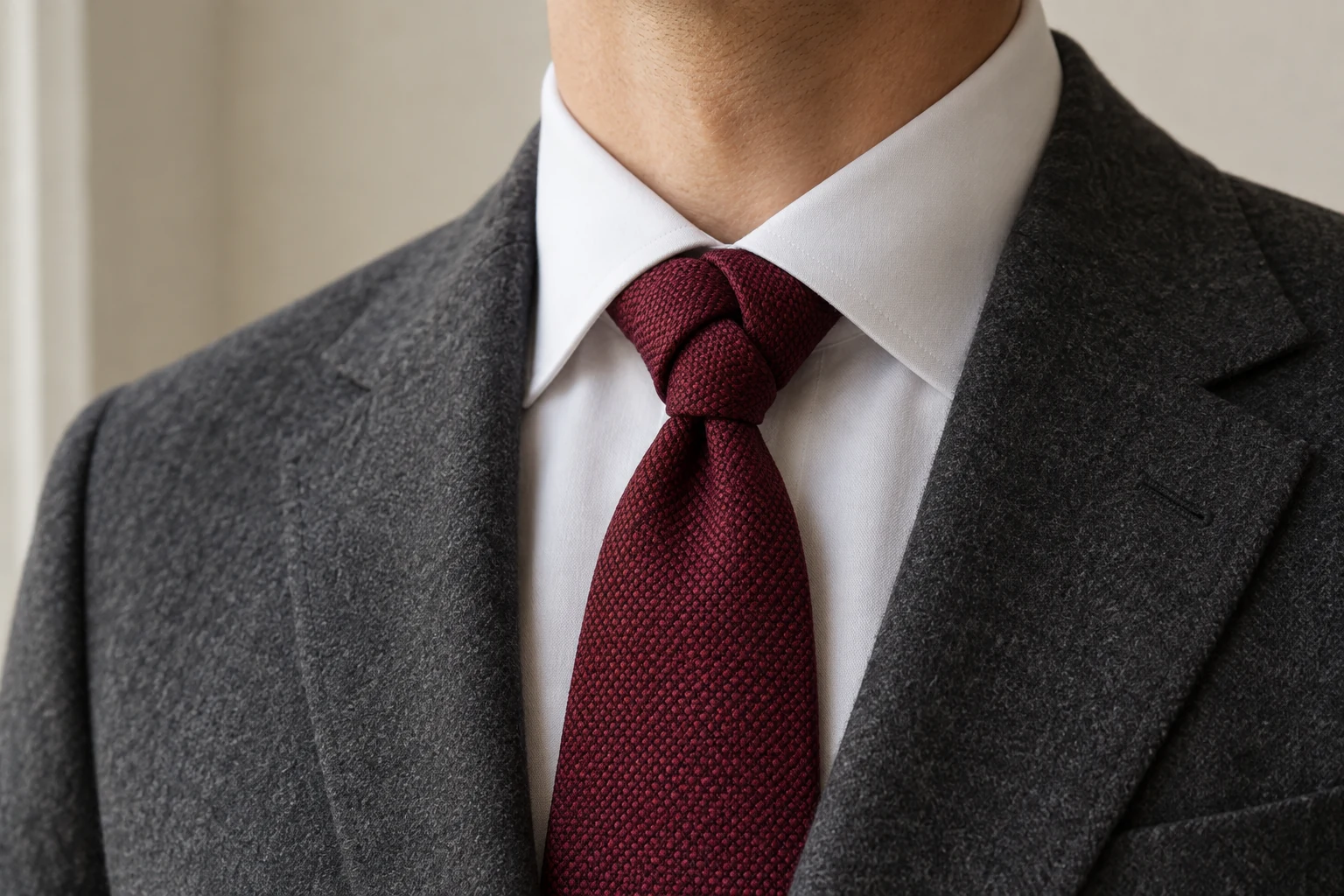 A burgundy textured tie forms a three lobed Trinity knot beneath a white collar and charcoal jacket.
