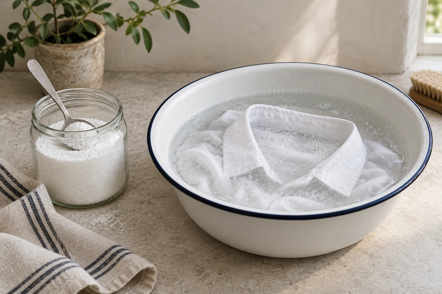 A jar of white granules and metal spoon sit beside a bubbling enamel basin soaking a white shirt collar.