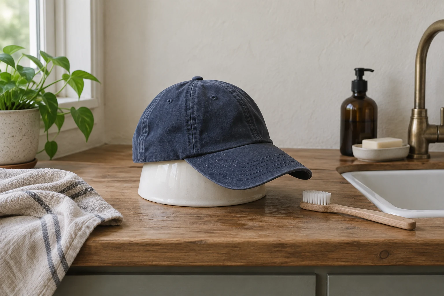 A faded navy baseball cap dries over a white ceramic bowl beside a sink and soft toothbrush