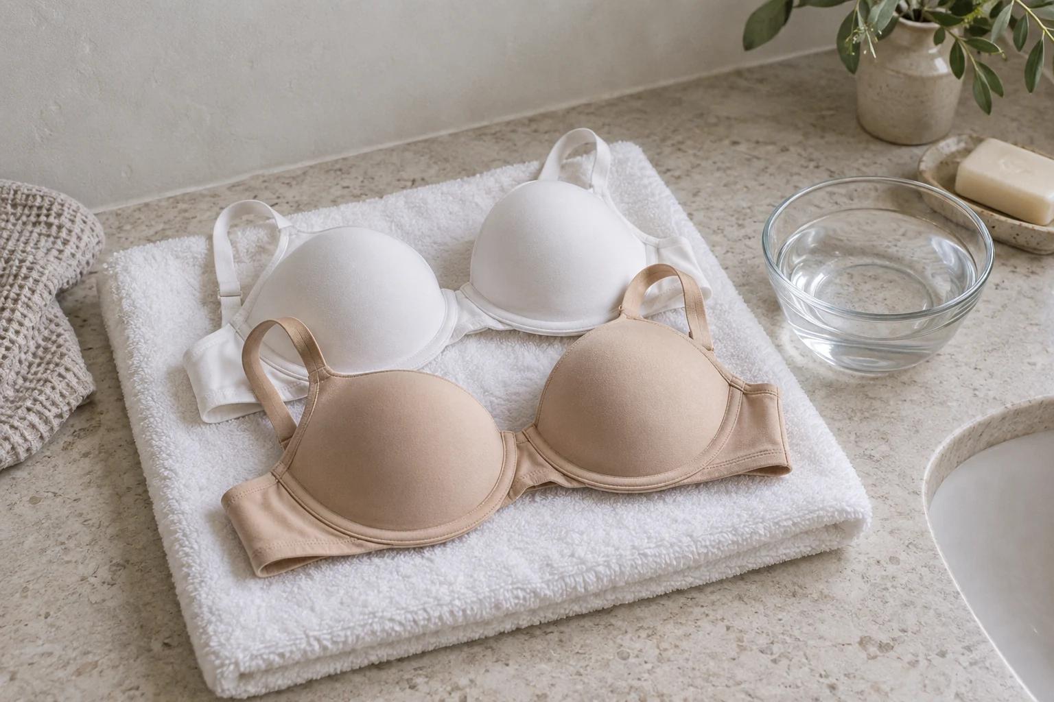 White and nude bras rest on a folded towel beside a glass bowl of water