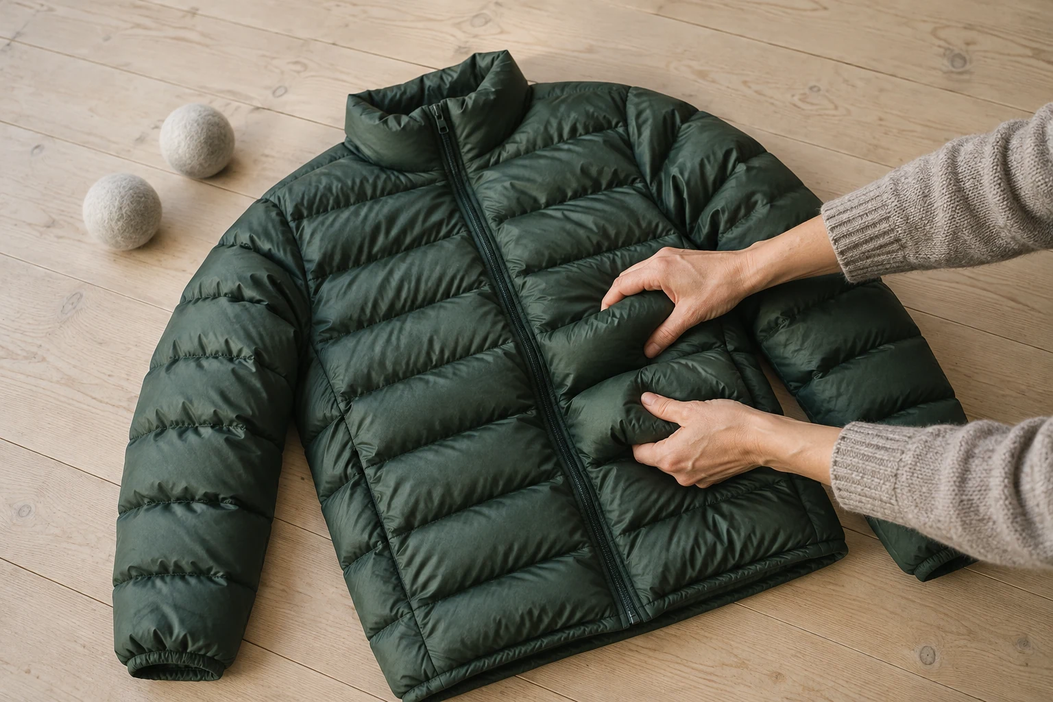 Two hands press a baffle of a dark green down jacket beside two gray dryer balls on a pale wood floor.