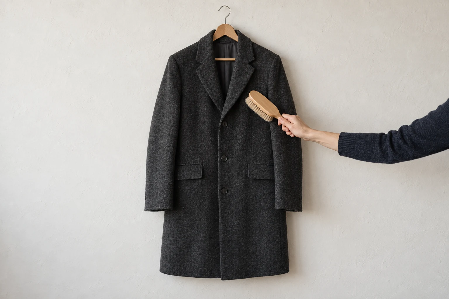 A hand brushes the chest of a charcoal wool overcoat hanging against a softly textured off white wall.