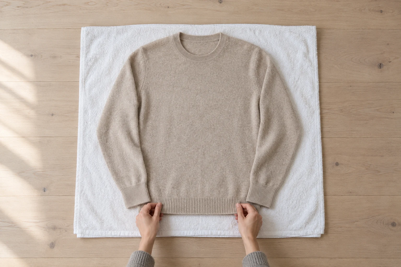 Two hands reshape the ribbed hem of an oatmeal cashmere sweater laid flat on a white towel.