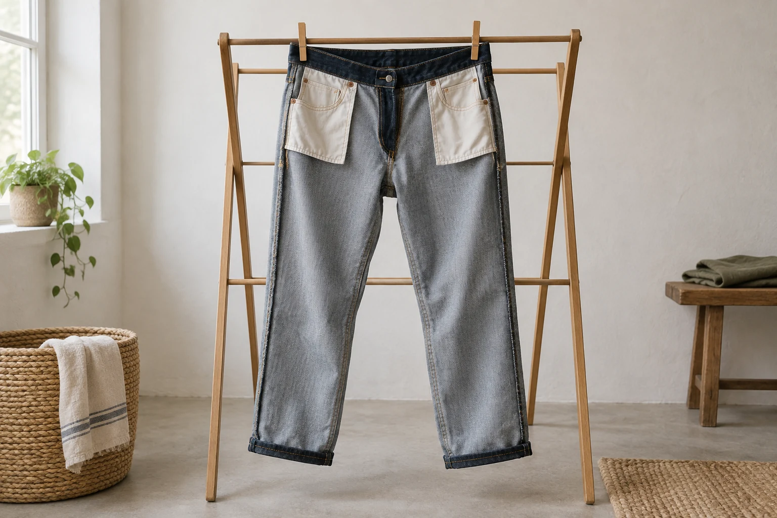 Inside out dark indigo jeans hang from wooden clips on a drying rack in a softly lit room.