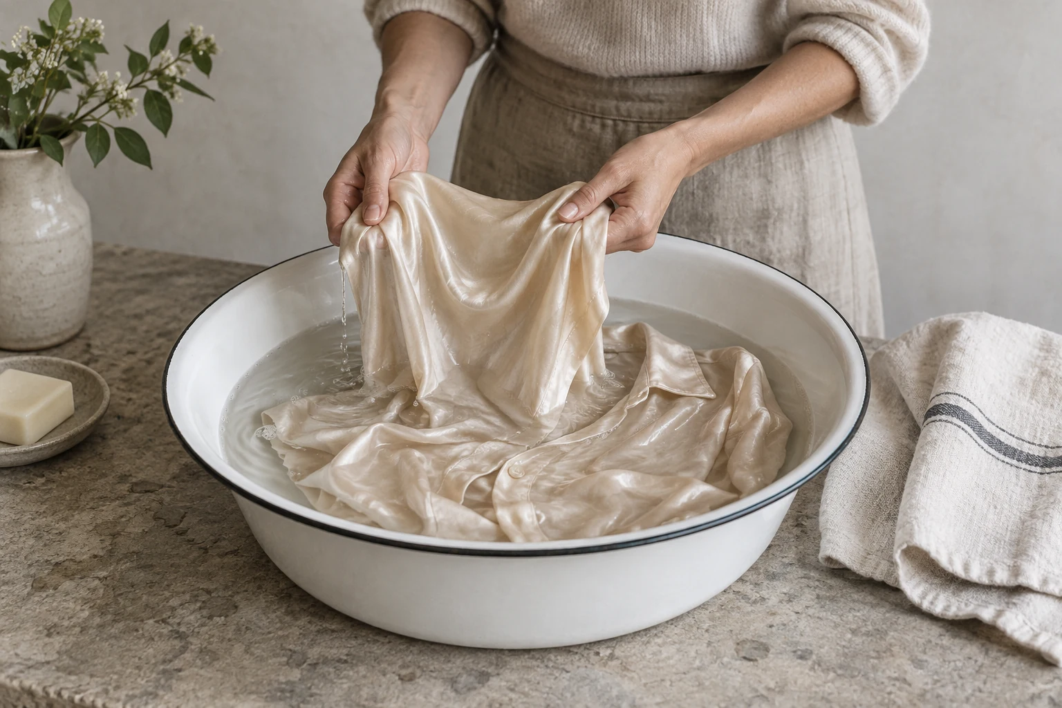 Two hands lift a wet champagne silk blouse from clear water in a white enamel basin.