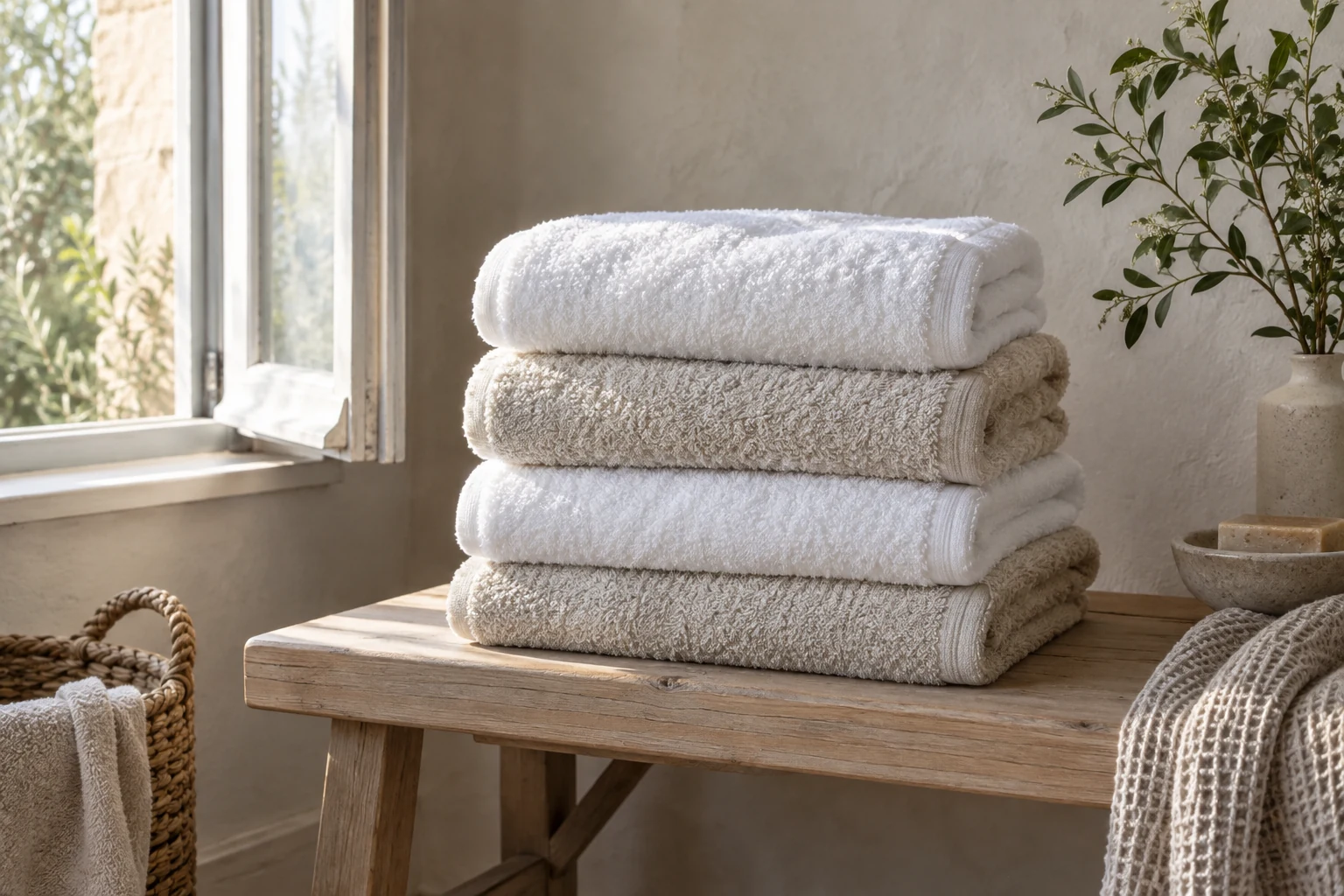 A stack of thick white and oatmeal towels rests on a pale wooden bench beside an open sunlit window.