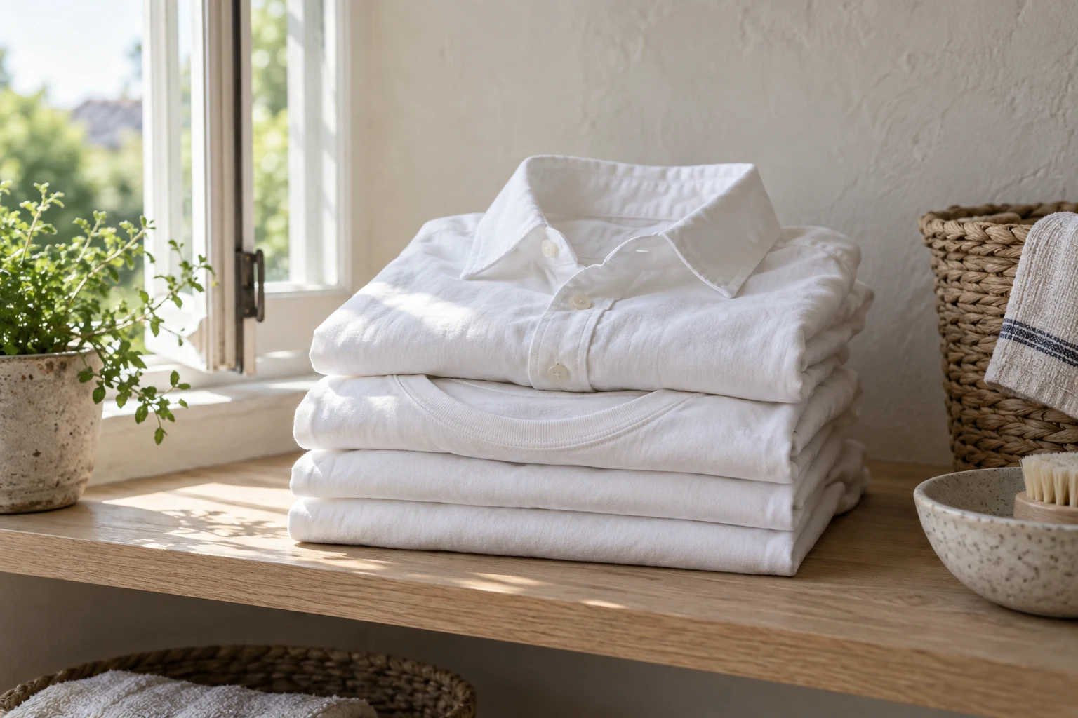 A crisp stack of folded white shirts rests on a pale oak shelf beside an open sunlit window.