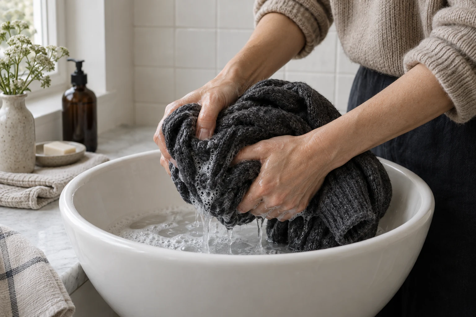 Two hands press a soaked charcoal wool sweater above a white ceramic basin with light suds.