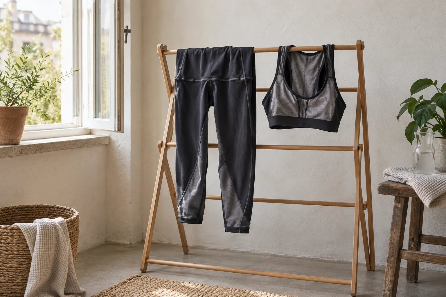 Inside out dark leggings and a sports bra air dry on a wooden rack beside an open window.