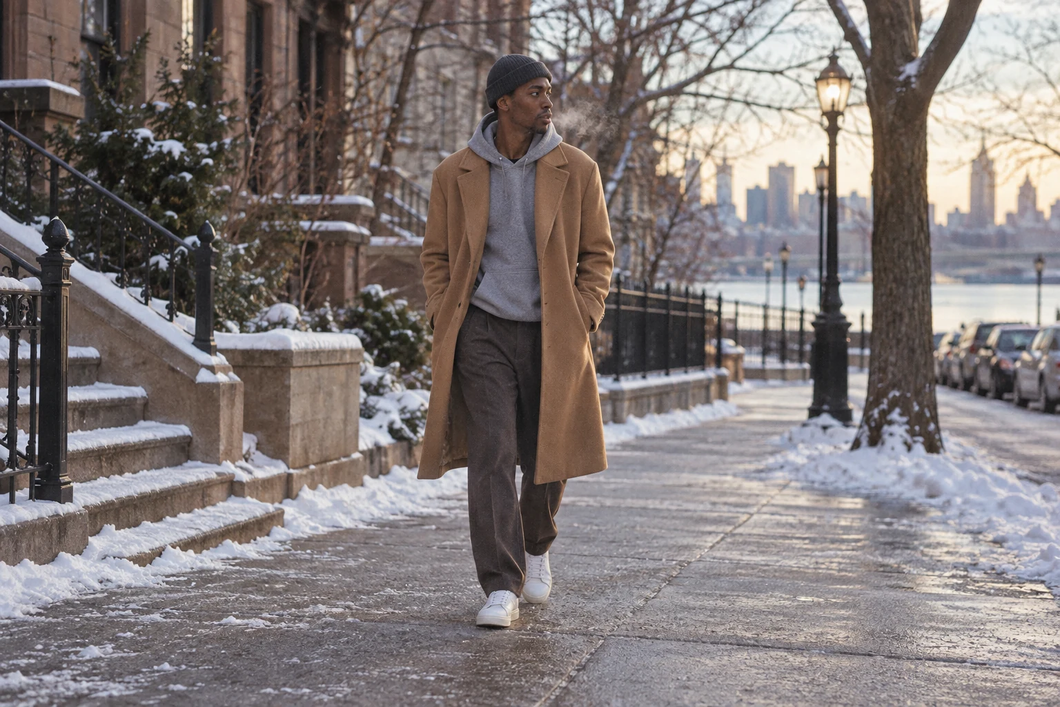 A young man in a charcoal beanie, camel coat and gray hoodie walks along a snowy street with his breath visible.