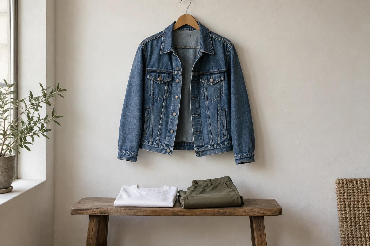 An open mid blue denim jacket hangs above a bench holding a folded white shirt and olive chinos.