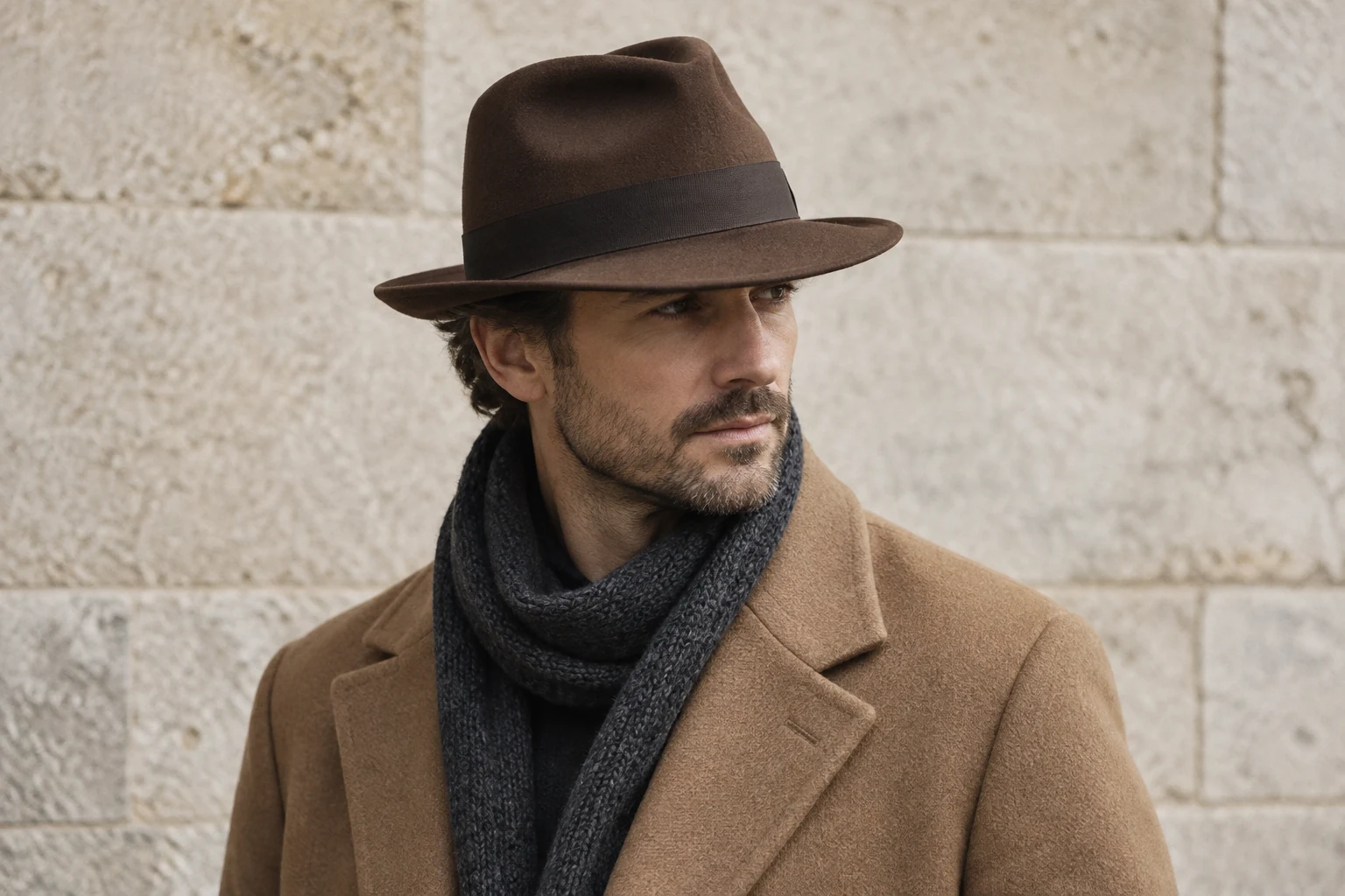 A man wears a brown felt fedora with a camel overcoat and charcoal scarf against a pale stone wall.