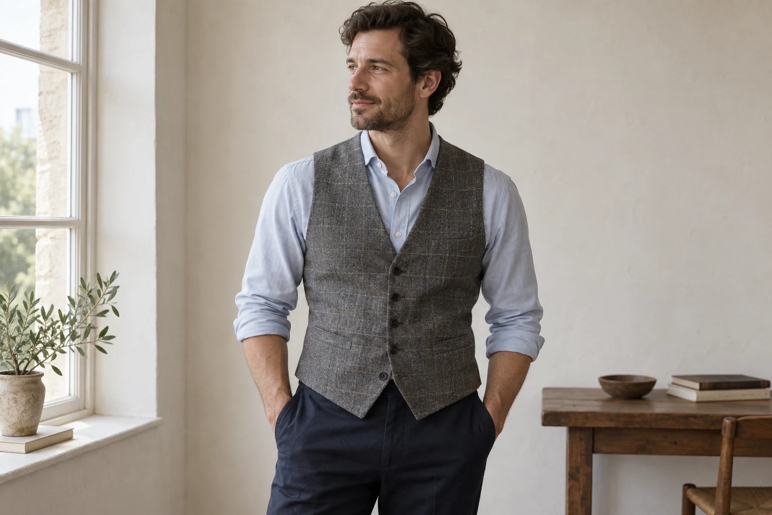 A man by a window wears a gray flannel waistcoat over a pale blue shirt with navy trousers.