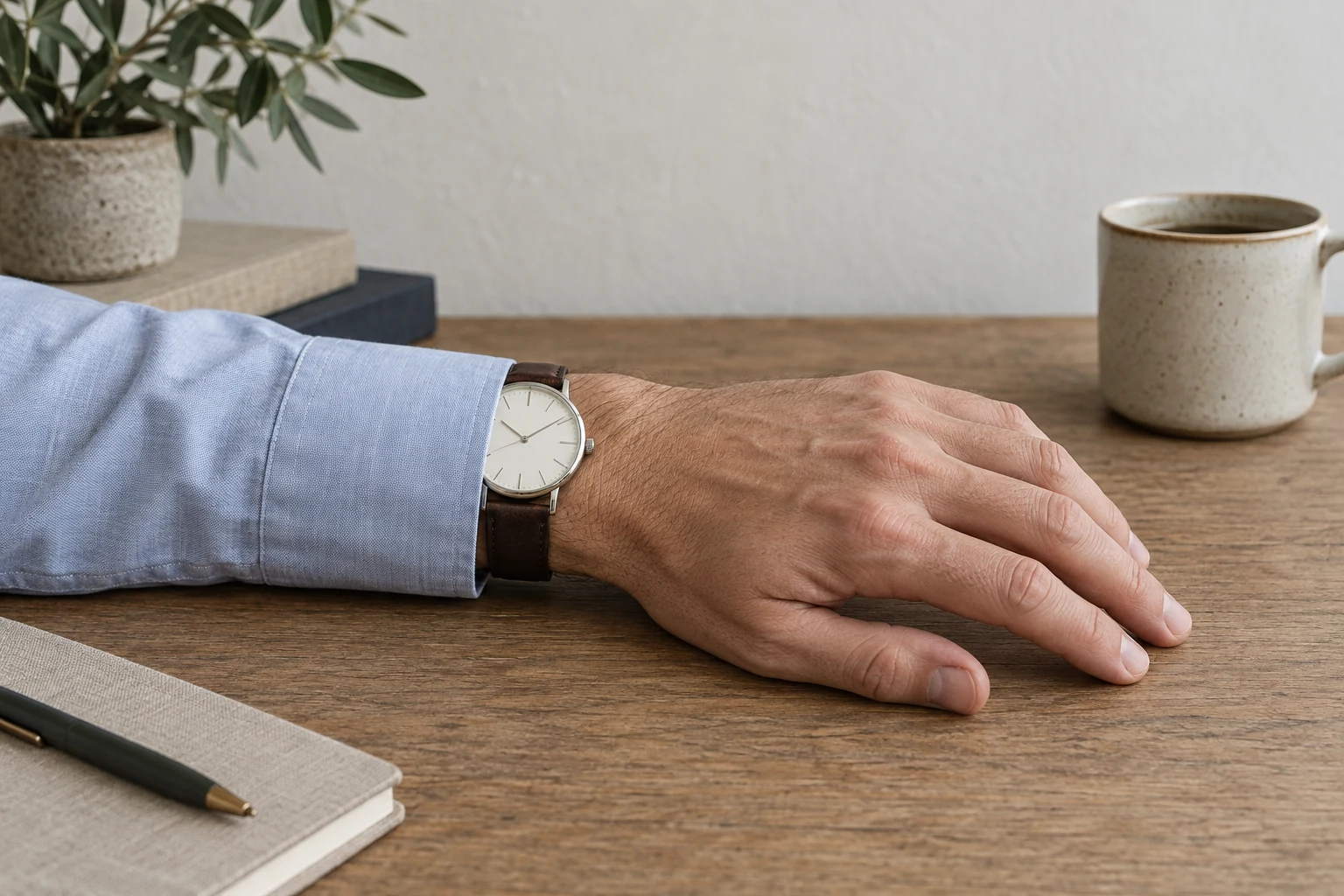A slim steel watch with a plain white dial sits above the wrist bone beside a pale blue shirt cuff.