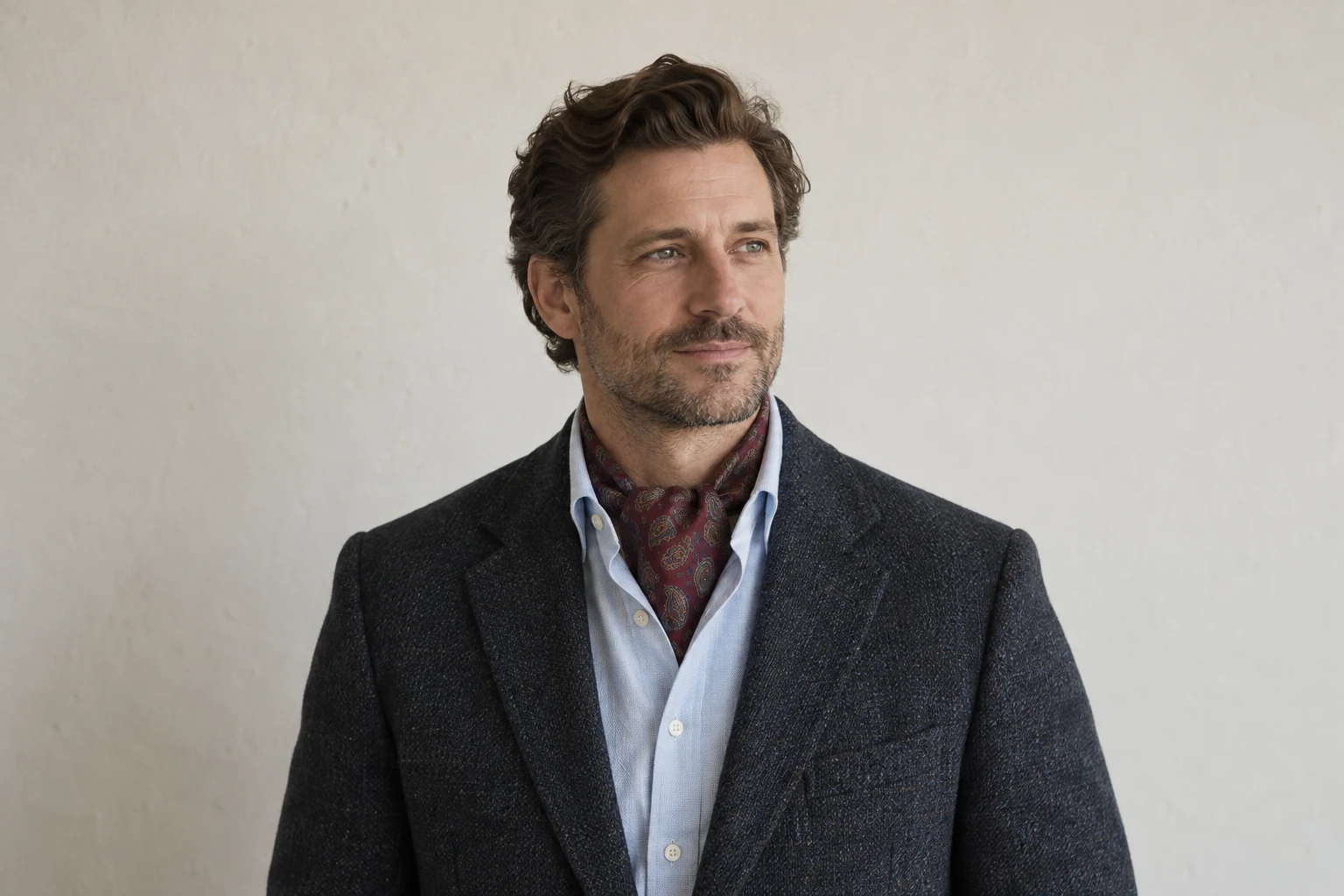 A burgundy paisley silk ascot sits neatly inside a light blue shirt framed by navy tweed lapels