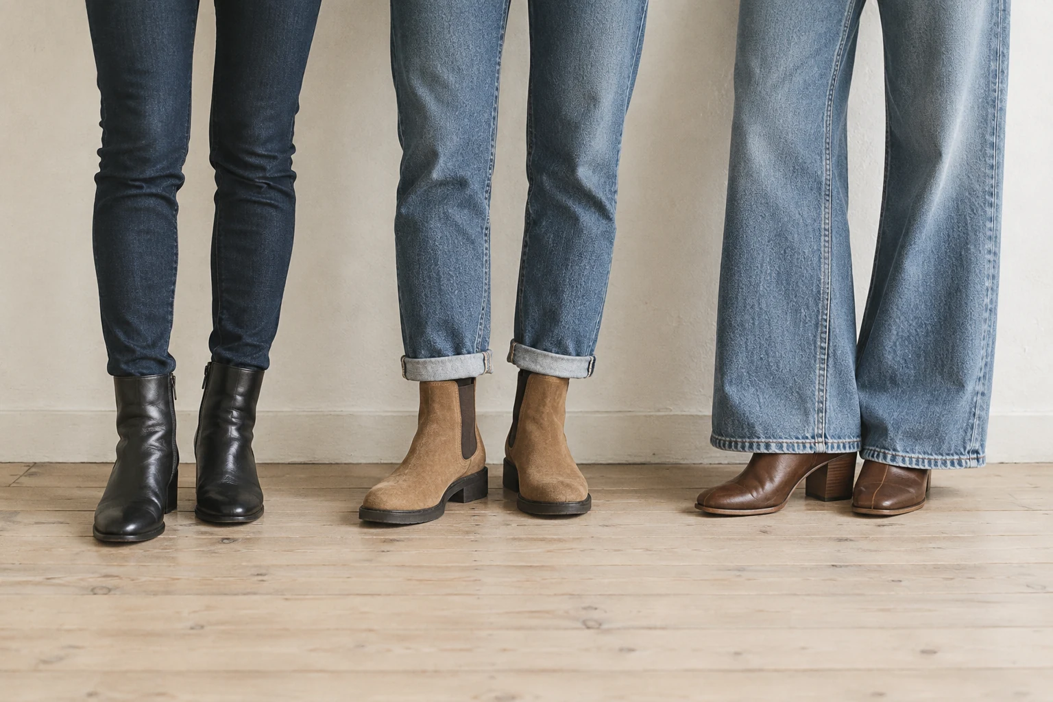 Three denim silhouettes pair with black tan and brown ankle boots against an off white wall.