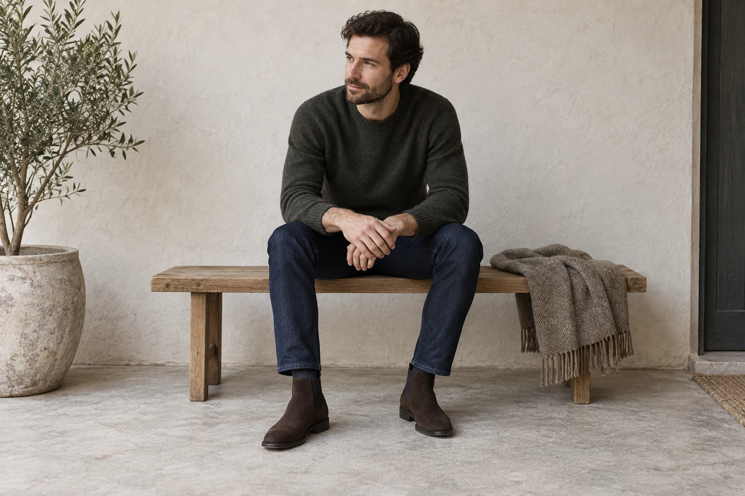 A seated man wears dark indigo jeans and brown suede Chelsea boots on a pale concrete floor