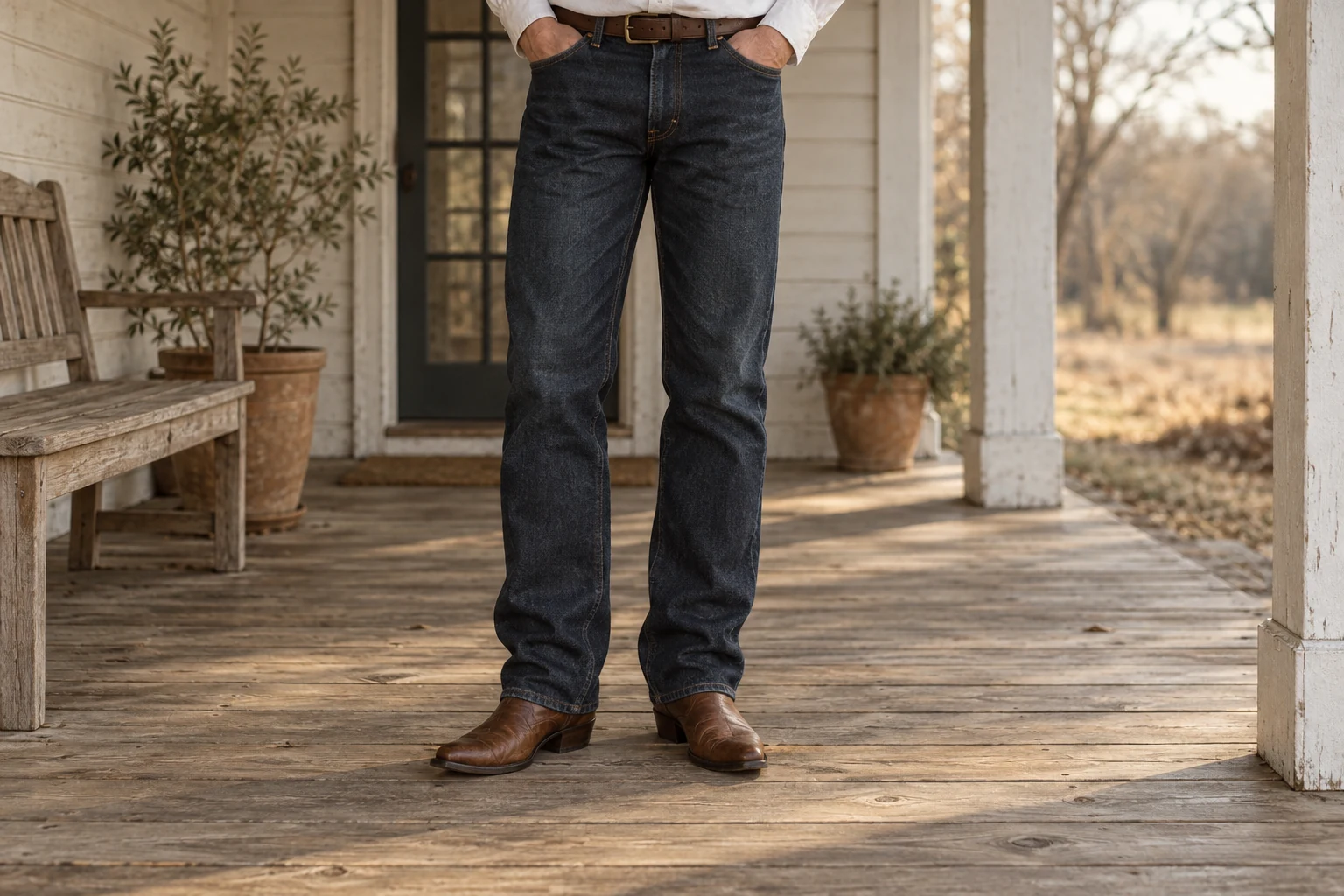 Dark straight jeans fall softly over pointed brown cowboy boots on a weathered wooden porch.