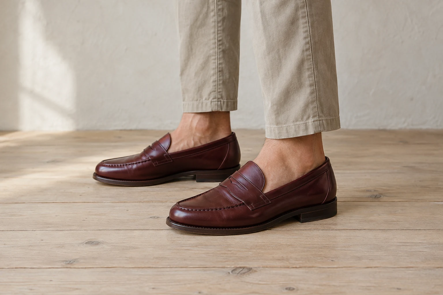 Burgundy penny loafers pair with cropped stone chinos and bare ankles on a pale wooden floor.