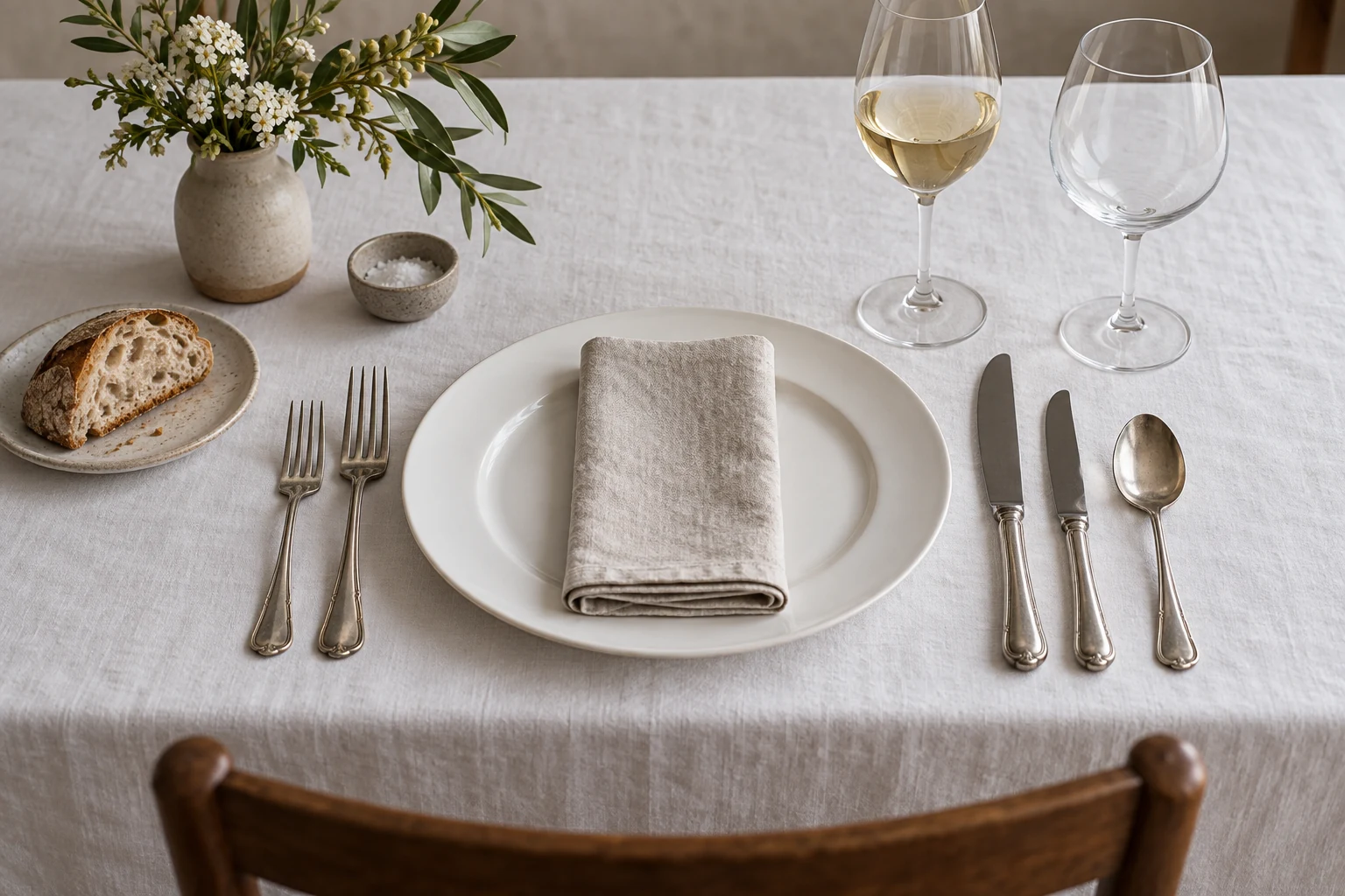 A white plate with folded linen napkin sits between silver cutlery and two stemmed glasses on a white cloth
