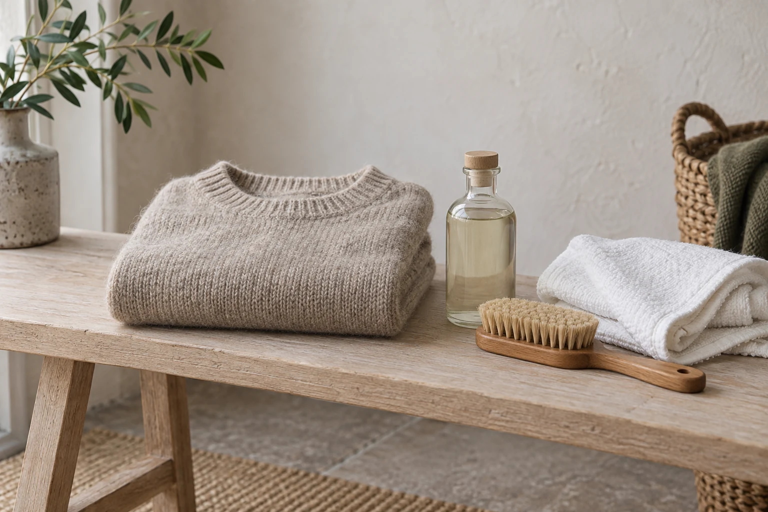 A folded oatmeal sweater, blank glass bottle, white towel, and natural brush rest on a pale wooden bench