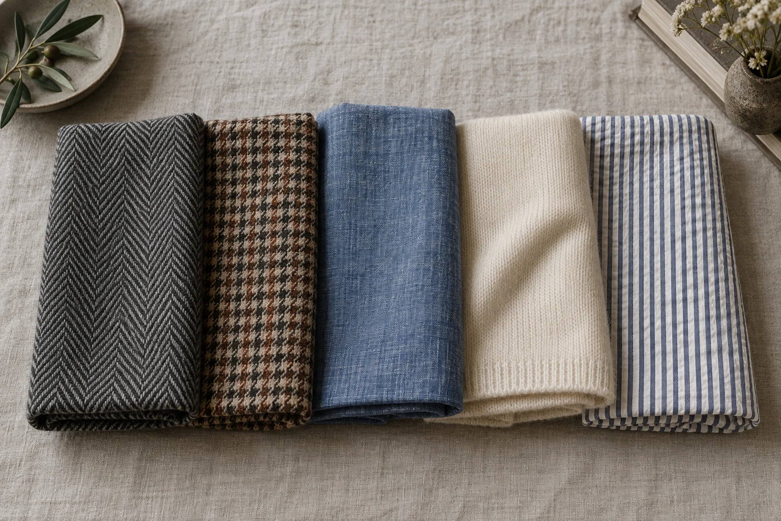 Five folded swatches of herringbone, houndstooth, chambray, cream knit, and striped seersucker rest on linen.