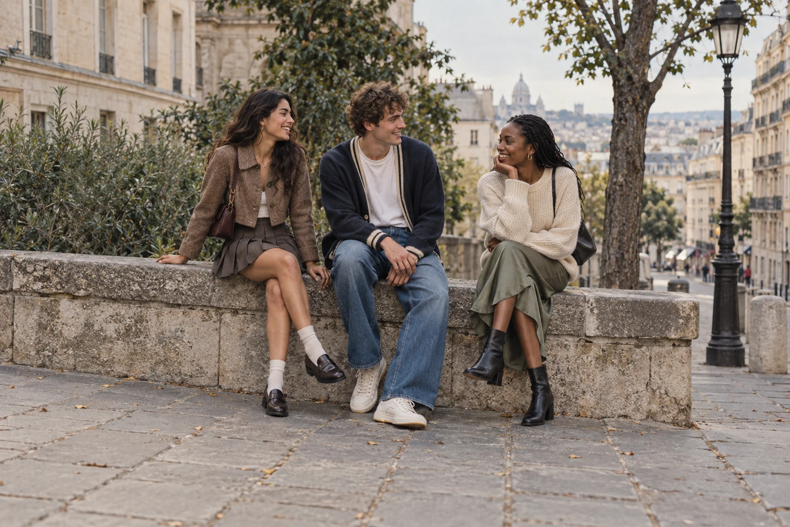 Three stylish young friends share an easy conversation while sitting on a low stone wall in the city.