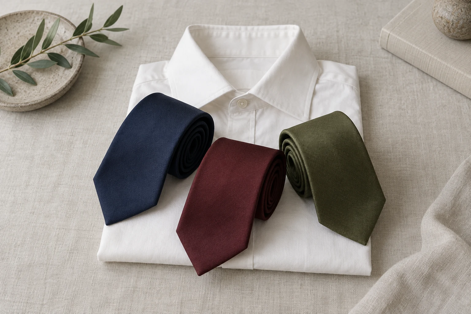 Rolled navy, burgundy, and olive silk ties rest across a folded white shirt on pale linen