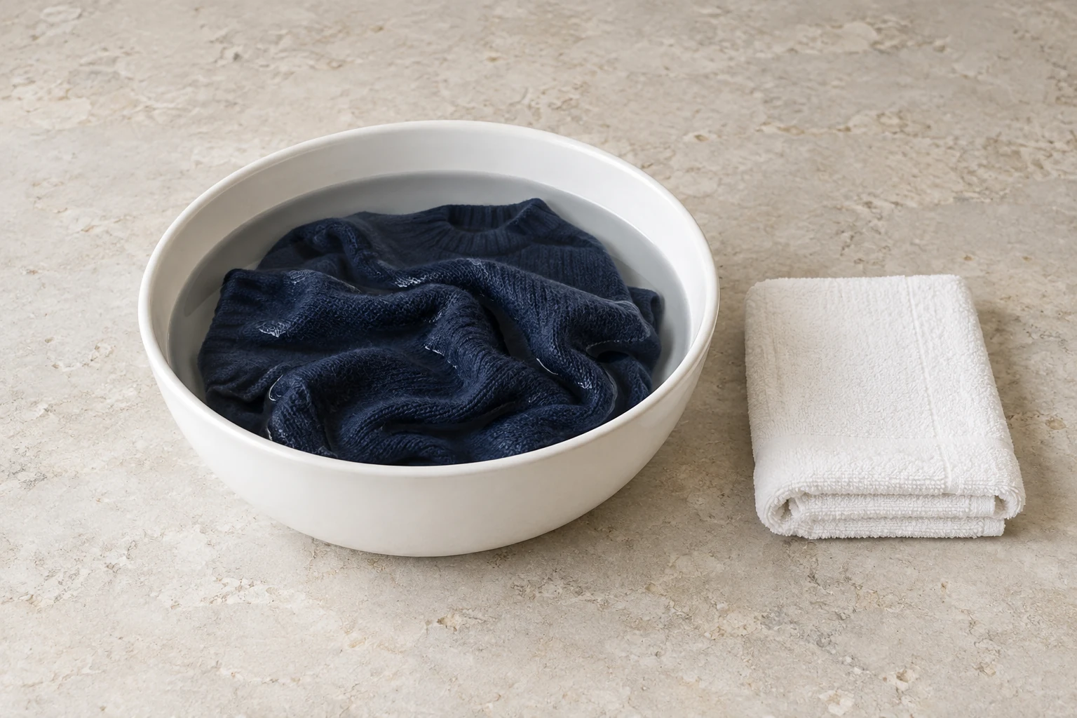 A navy knit soaks in clear water inside a white ceramic basin beside a neatly folded white towel