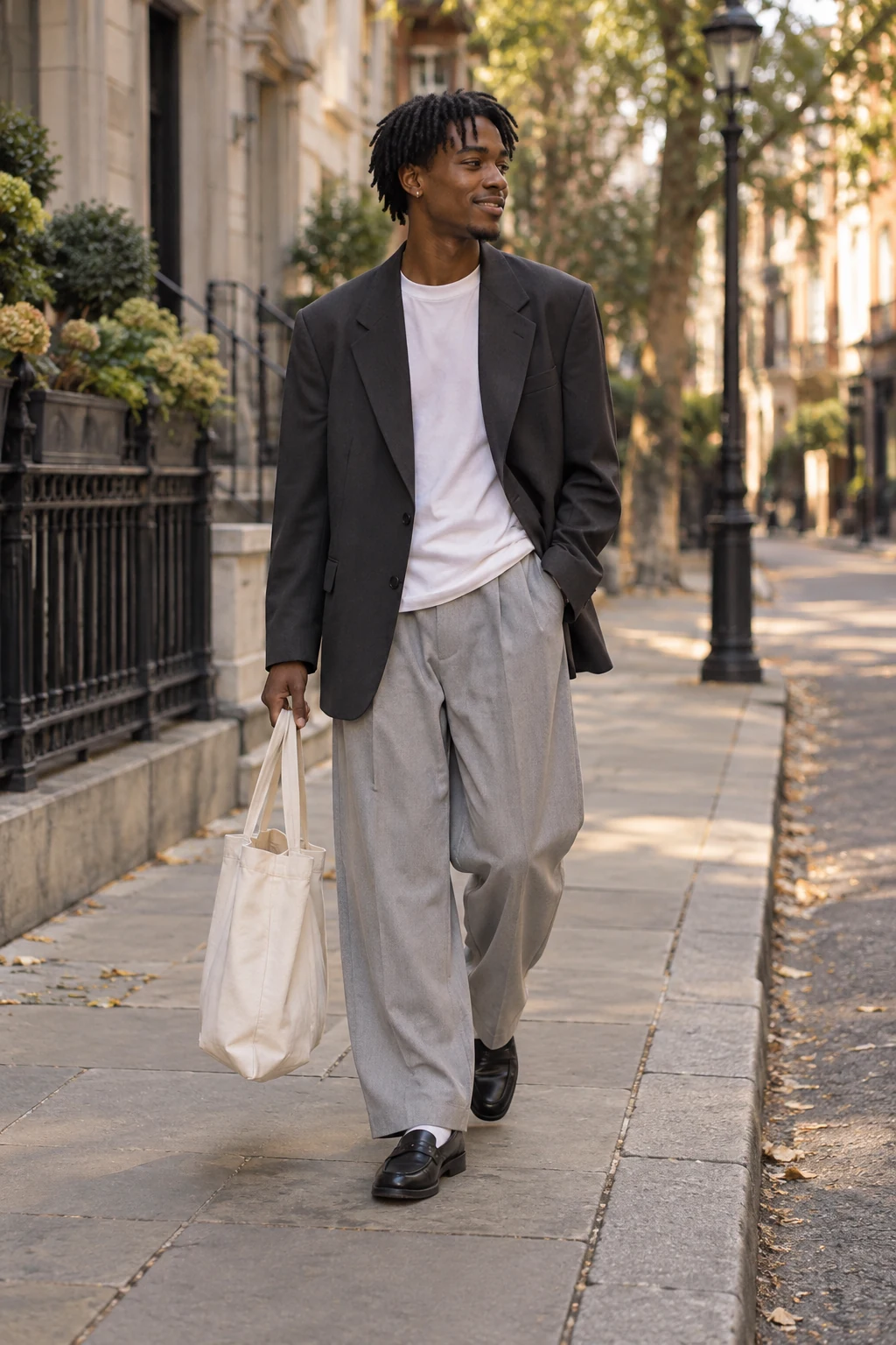 A smiling young man in an oversized blazer walks down a quiet street carrying a canvas tote