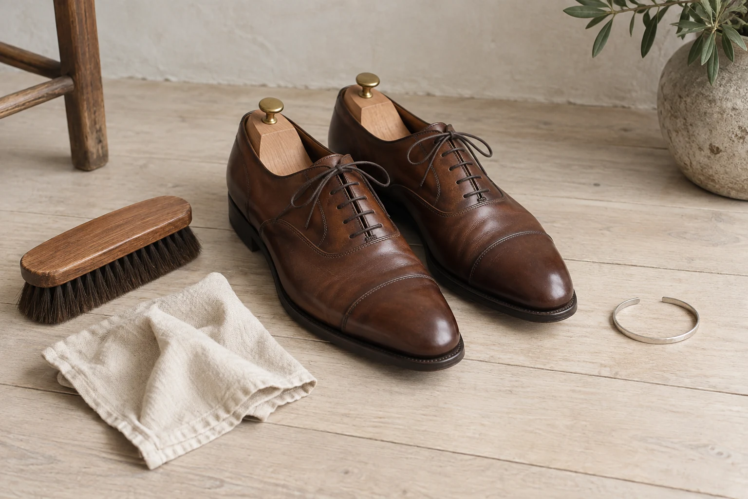 Brown leather oxford shoes with wooden trees sit beside a brush, cotton cloth, and slim silver bracelet