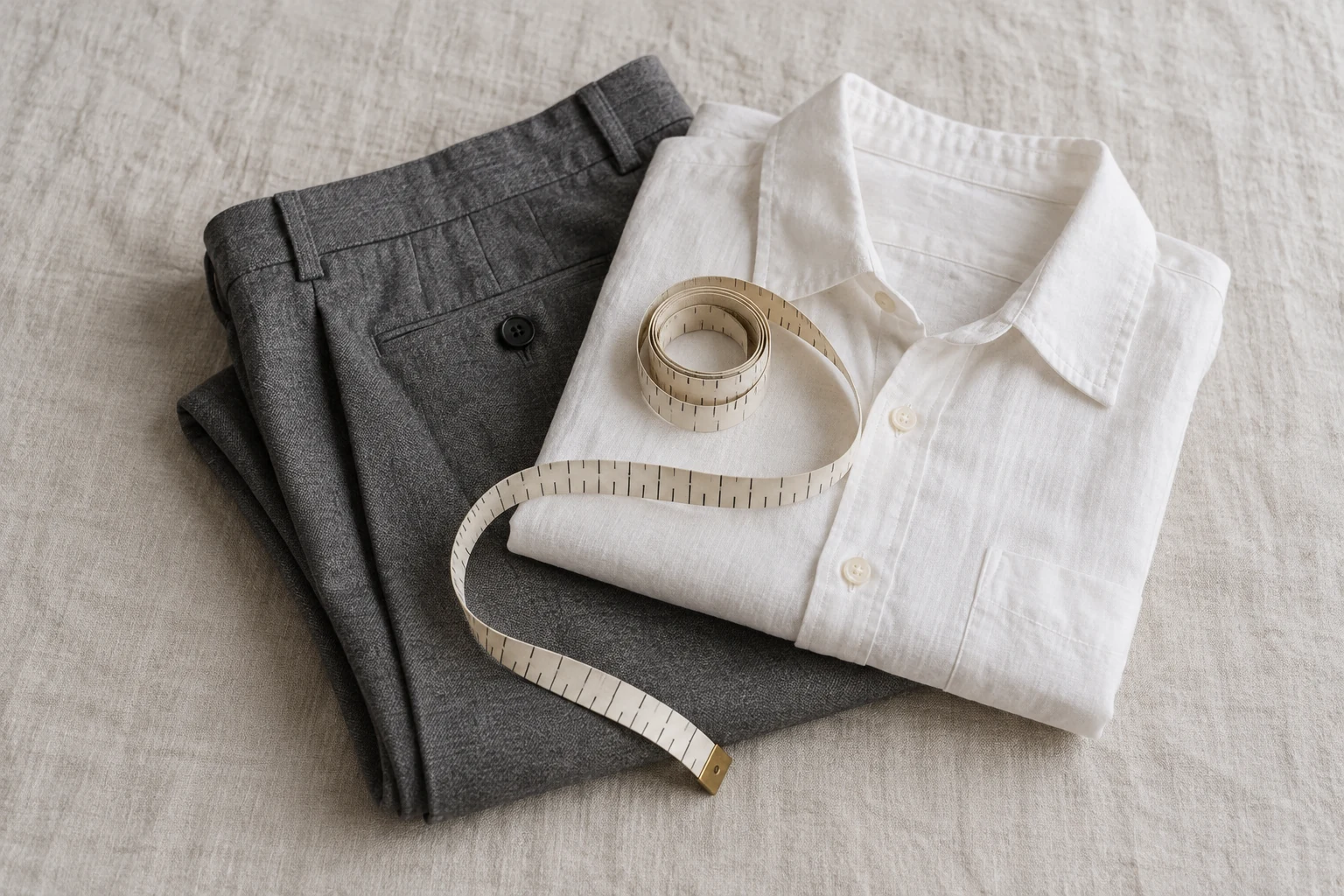 A plain tick marked cloth tape coils across folded gray trousers and a white shirt on pale linen