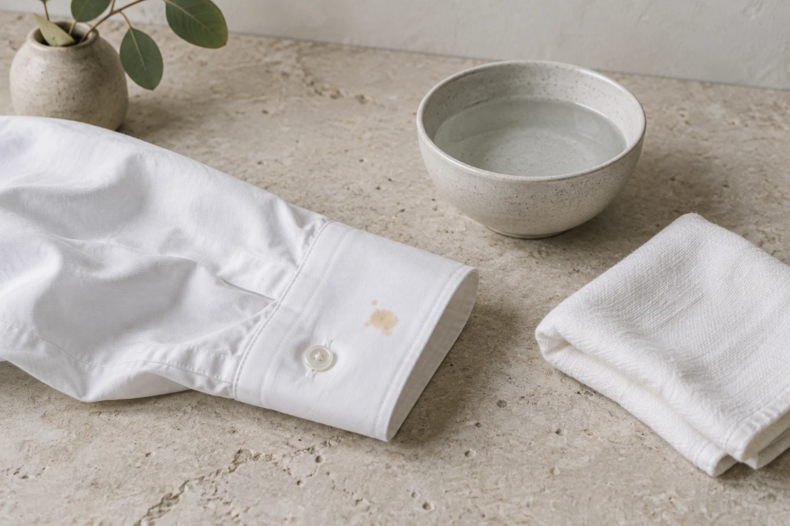 A faint coffee mark appears on a white shirt cuff beside a bowl of water and a folded cleaning cloth
