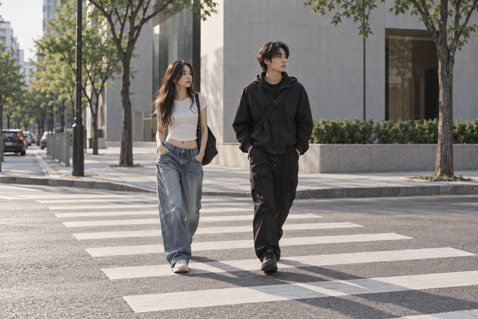 Two young friends in relaxed denim and black technical clothing cross a wide city street in Seoul