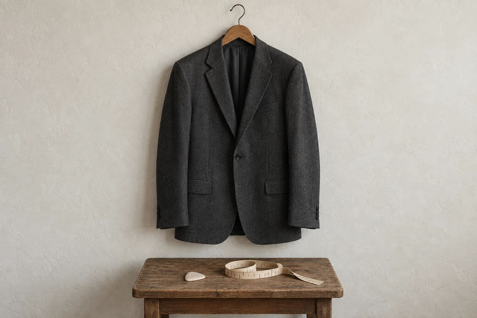 A charcoal wool jacket hangs above tailor chalk and a plain tick marked cloth tape on a wooden table