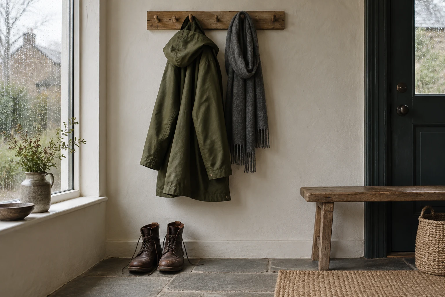 An olive rain jacket and gray scarf hang above leather boots beside a window dotted with rain