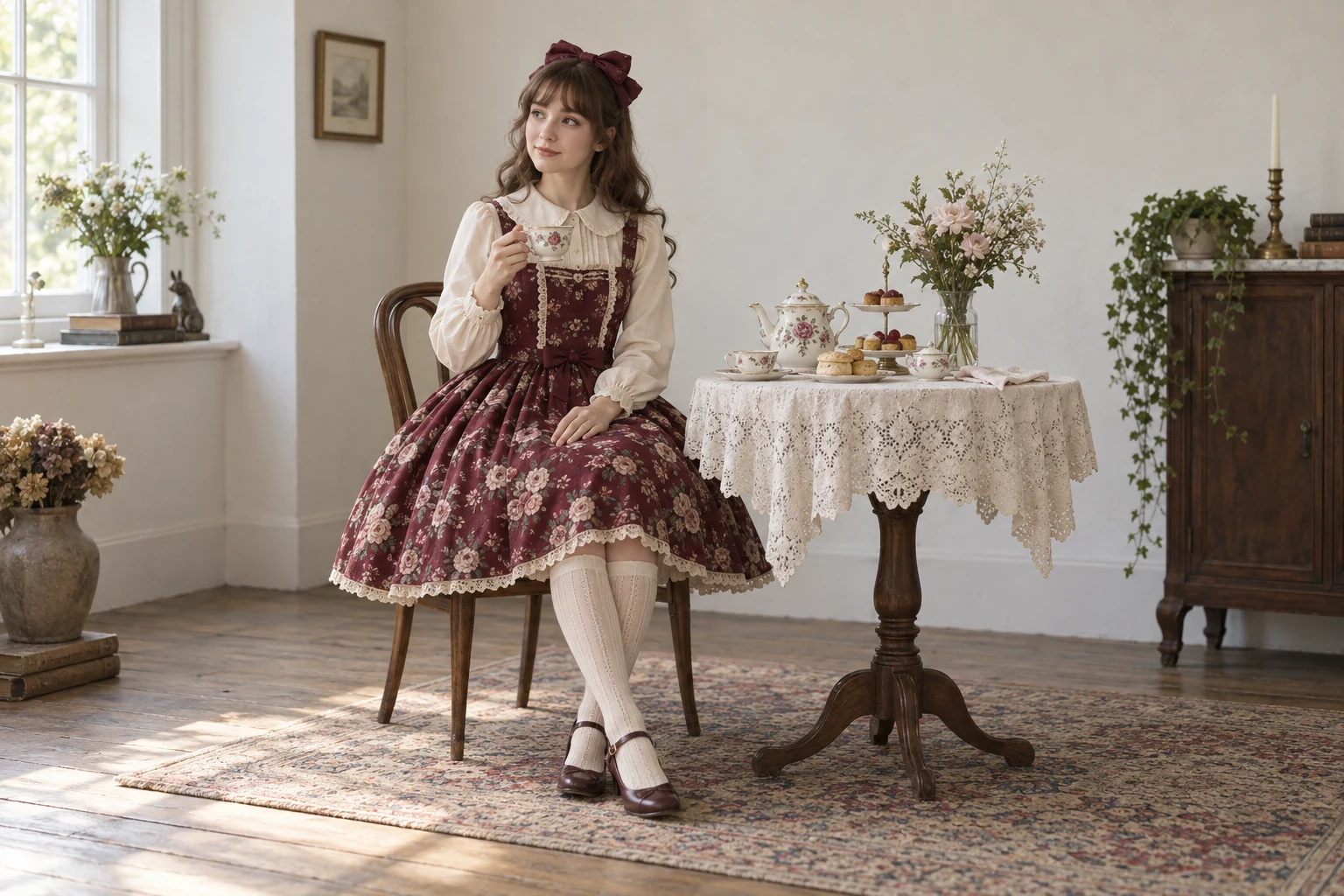 A woman in an ivory blouse and wine floral Lolita dress sits beside a softly lit tea table
