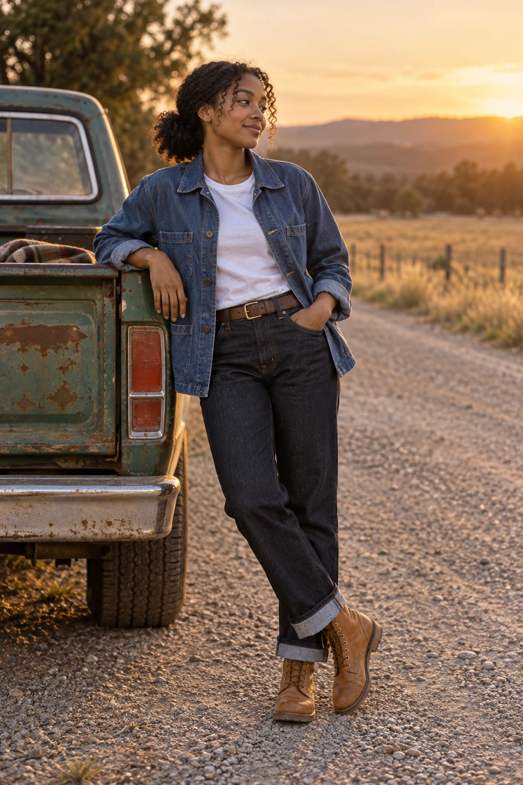 A young man in indigo workwear leans against an old pickup on a glowing country road.