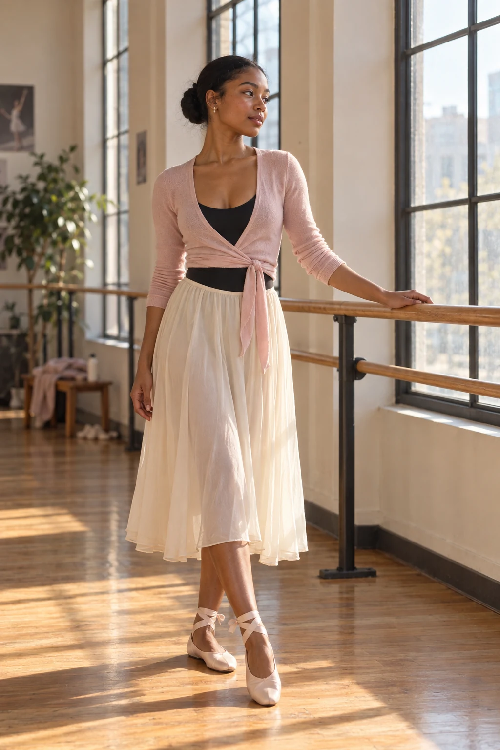 A young woman in a pink wrap cardigan and ivory skirt poses beside a ballet barre in a sunlit studio.
