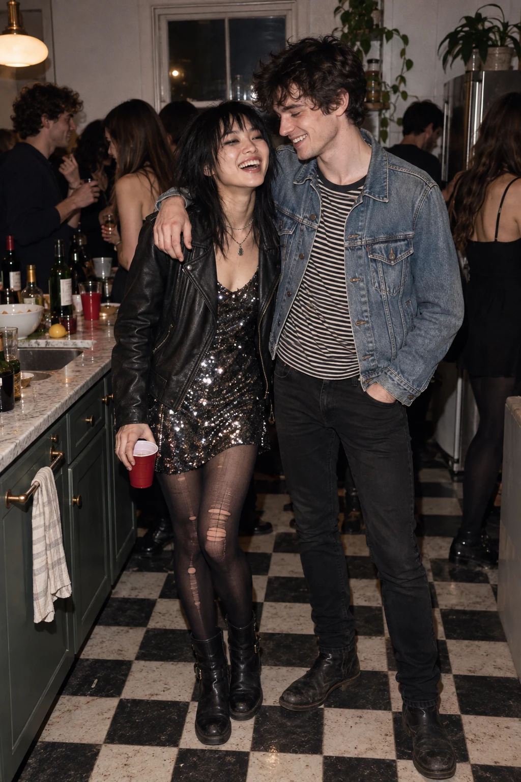 Two young friends laugh together in leather and denim under direct flash at a crowded kitchen party.