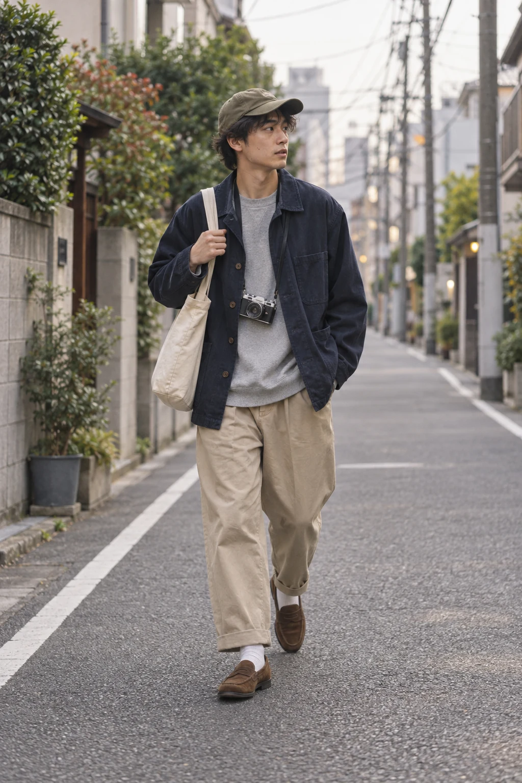 A young Japanese man walks a quiet Tokyo street in a navy chore jacket and cuffed beige chinos with a tote and film camera.