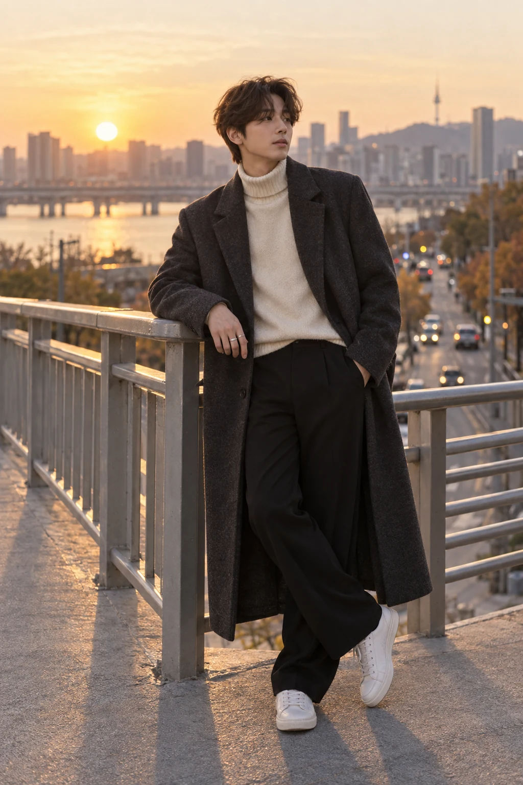 A young Korean man in a charcoal coat and cream turtleneck leans on a bridge railing against a softly blurred sunset city.