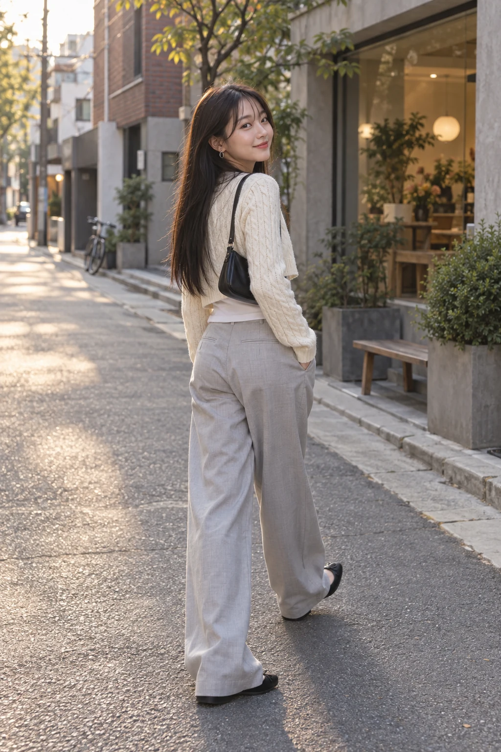 A young Korean woman looks back while walking in an ivory cardigan and flowing gray trousers on a golden hour city street.