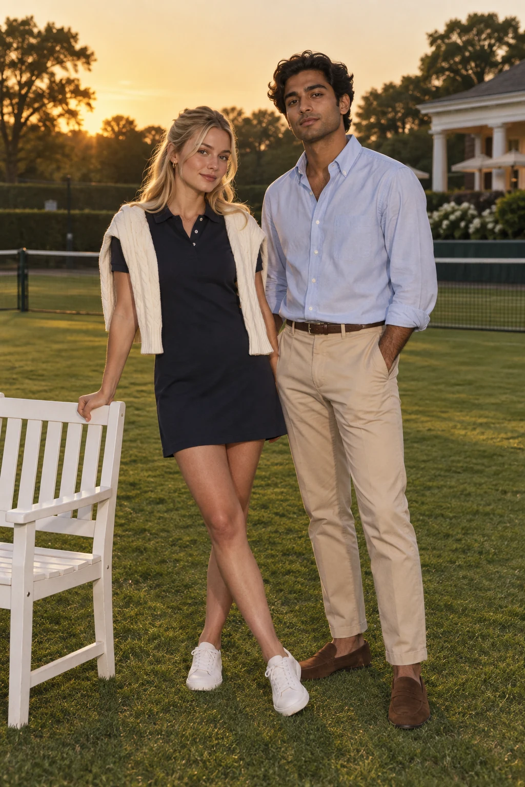 A young couple in polished tennis club clothes pose with a white chair on a sunlit lawn.