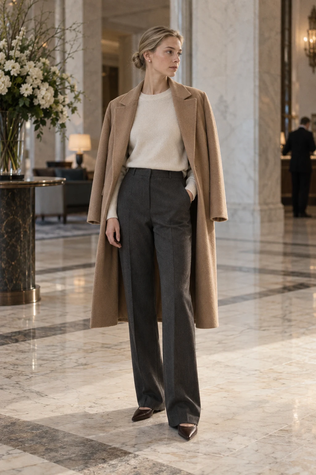 A young Chinese woman stands composed in a marble lobby wearing a draped camel coat, ivory knit and charcoal trousers.