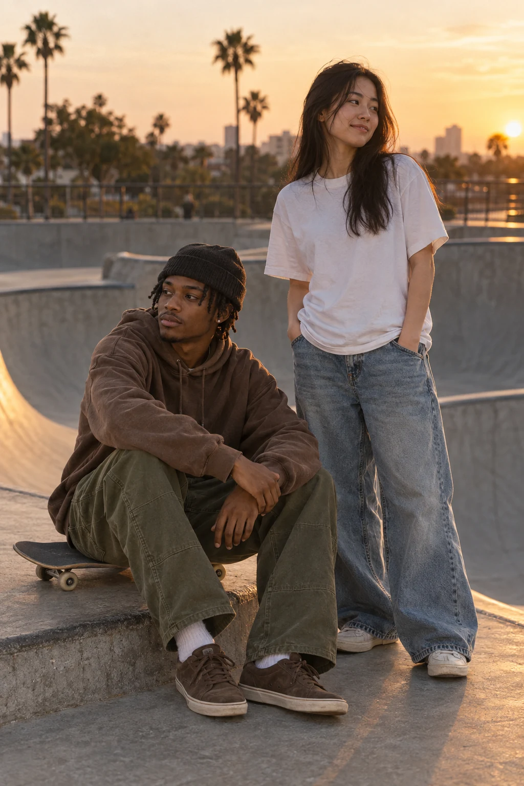 Two young friends in relaxed skate clothes pose beside a concrete bowl in warm sunset light.