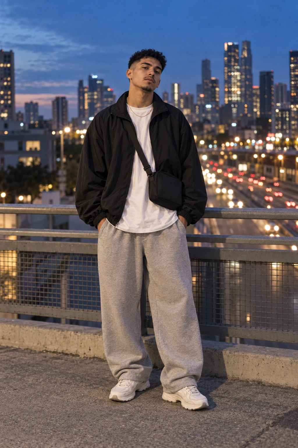 A young man in black nylon and wide gray sweats stands above the Shanghai skyline at blue hour.