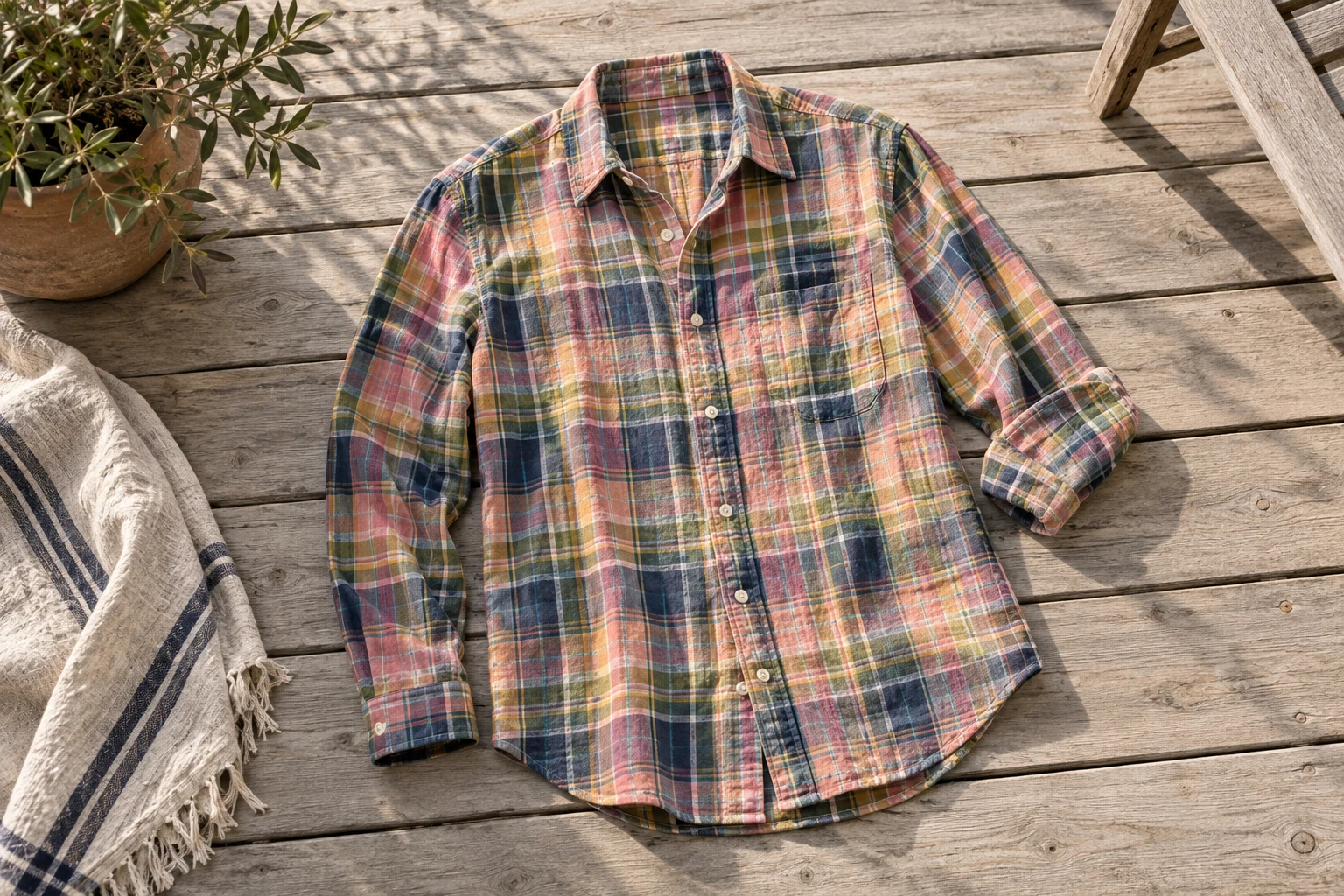 A faded multicolor madras shirt lies on a weathered wooden deck with one cuff turned back.